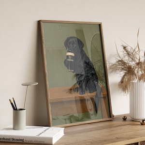Pu&ograve; includere: Stampa artistica incorniciata raffigurante un Labrador Retriever nero che tiene in mano una pinta di Guinness. Il cane &egrave; ambientato in un pub, con un bancone di legno e uno sfondo verde. Il logo Guinness &egrave; visibile sul bicchiere.