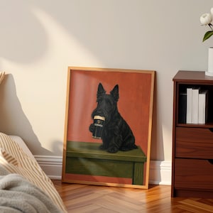 May include: A framed print featuring a black Scottish Terrier holding a pint of Guinness. The dog is sitting on a green bench against a red background. The print is in a wooden frame and is displayed in a room with a bed and a side table.