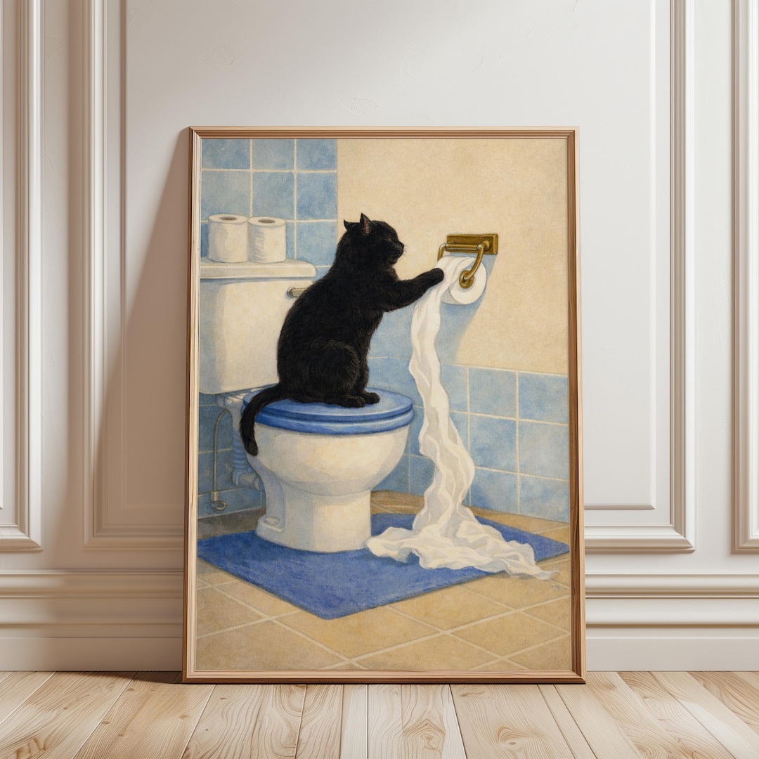 Funny Black Cat Bathroom Art Print, Toilet Paper Cat Poster - Etsy