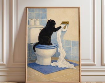 Divertente stampa artistica da bagno con gatto nero, poster con carta igienica e gatto