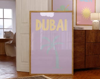 Dubai Poster, Light Purple Poster, Dubai Preppy Decor, Aeshetic Travel Art, Dubai Travel Poster, Butter Yellow Dubai Print, Digital Download