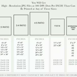 Op de afbeelding: Een grafiek met verschillende afdrukformaten voor hoge resolutie JPG-bestanden met 300 DPI. De grafiek bevat formaten in inches en centimeters, evenals internationale papierformaten.
