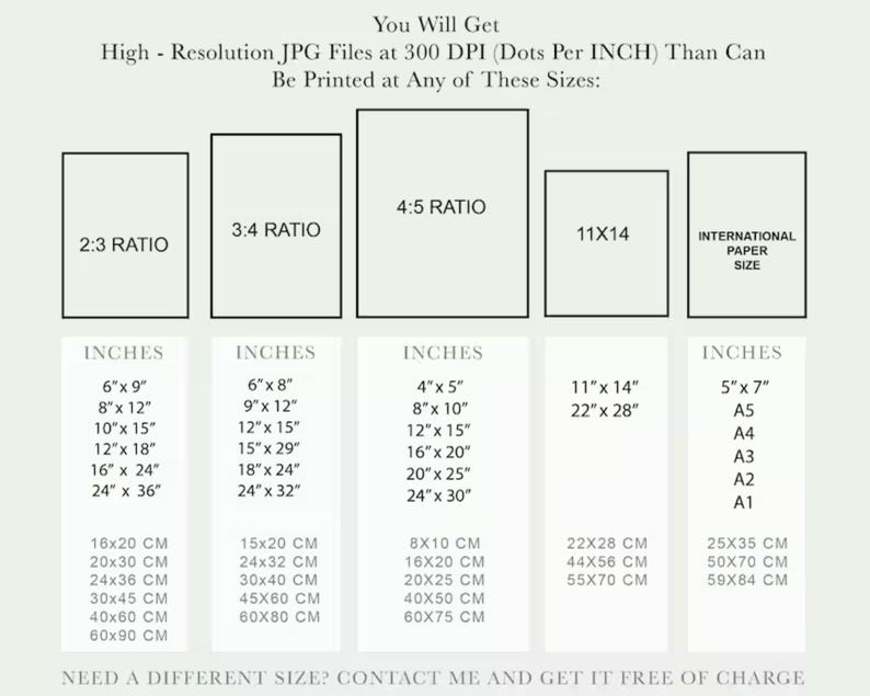 Op de afbeelding: Een grafiek met verschillende afdrukformaten voor hoge resolutie JPG-bestanden met 300 DPI. De grafiek bevat formaten in inches en centimeters, evenals internationale papierformaten.