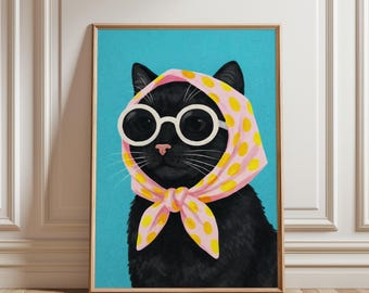 Póster divertido de gato negro con estampado retro de gatito y bufanda