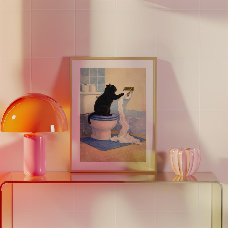Impression d'art drôle de salle de bains de chat noir, affiche de chat en papier toilette image 5