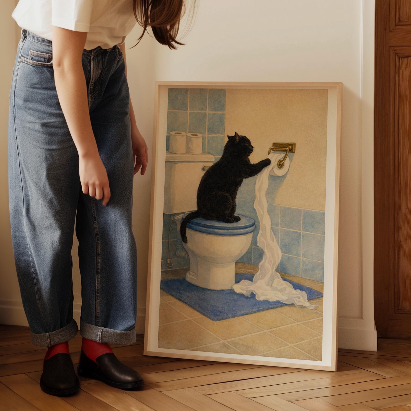 Funny Black Cat Bathroom Art Print, Toilet Paper Cat Poster - Etsy
