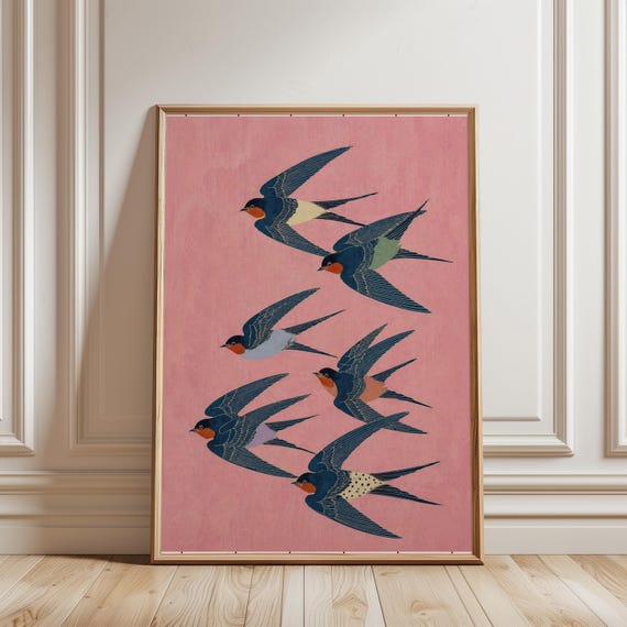 Vintage Swallow Bird Wall Art Print, Cottagecore Bird Illustration, Pink Botanical Animal Decor