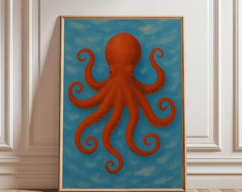 Arte mural de pulpo, decoración de casa de playa costera, póster náutico de la vida marina roja, descarga digital