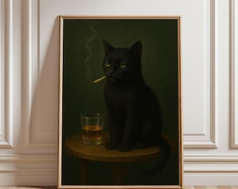May include: Framed art print featuring a black cat with yellow eyes, smoking a cigarette. A glass of amber liquid sits on a small wooden stool next to the cat. The background is a dark green color.