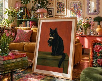 Funny Black Cat Beer Wall Art, Pub Style Guinness Poster, Quirky Bar Decor Gift for Cat Lovers
