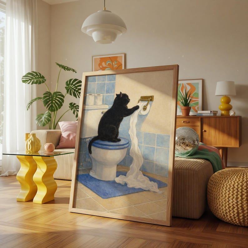 Peut inclure: Une &oelig;uvre encadr&eacute;e repr&eacute;sente un chat noir sur des toilettes, d&eacute;roulant du papier toilette. La sc&egrave;ne se d&eacute;roule dans une salle de bain avec des carreaux bleus et un tapis bleu. L'&oelig;uvre est encadr&eacute;e en bois, ajoutant une touche chaleureuse &agrave; la sc&egrave;ne.