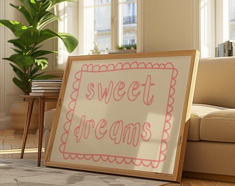 Póster tipográfico "Dulces sueños" en rosa: Arte retro para pared de dormitorio (descarga digital)