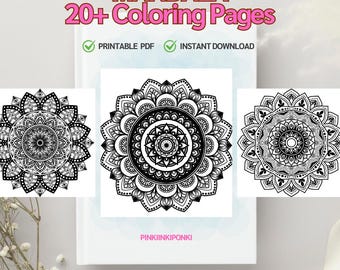 Pode incluir: Um download digital de mais de 20 páginas para colorir de mandalas imprimíveis. A imagem mostra três desenhos de mandalas em preto e branco. O texto "MANDALA 20+ Coloring Pages" está no topo da imagem. O texto "Printable PDF" e "Instant Download" estão abaixo do título. O texto "PINKIINKIPONKI" está na parte inferior da imagem.