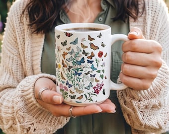 Butterfly Garden Ceramic Mug, Vintage Botanical Floral Coffee Cup, Nature Lover Gift