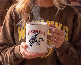 Jackson Hole Cowboy Mug, Distressed Bucking Bronco Ceramic Cup, Western Souvenir Tea Mug