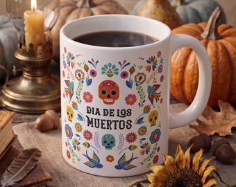 Taza de cerámica del Día de los Muertos, taza de café con calavera de azúcar, taza de té de arte popular mexicano