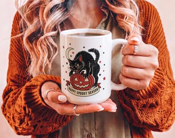 Happy Spooky Season Coffee Mug - Black Cat Pumpkin Vintage Halloween Tea Cup Gift