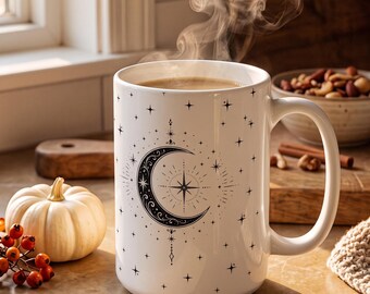 Celestial Moon Mug, Halloween Coffee Cup, Mystical Crescent Stars Tea Mug, Cozy Fall Decor