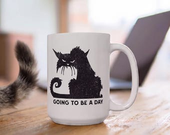 Funny Grumpy Black Cat Mug, Halloween Cat Mom Gift, Ceramic Coffee Cup