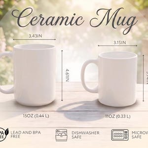 Puede incluir: Dos tazas de cer&aacute;mica blanca con asa. La taza grande mide 8,71 cm de ancho y 11,71 cm de alto con 0,44 litros de capacidad. La peque&ntilde;a mide 8,00 cm de ancho y 9,50 cm de alto con 0,33 litros. Ambas son libres de BPA y plomo, aptas para lavavajillas.