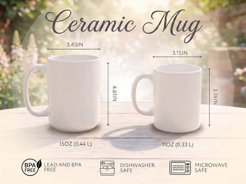 Puede incluir: Dos tazas de cer&aacute;mica blanca con asa. La taza grande mide 8,71 cm de ancho y 11,71 cm de alto con 0,44 litros de capacidad. La peque&ntilde;a mide 8,00 cm de ancho y 9,50 cm de alto con 0,33 litros. Ambas son libres de BPA y plomo, aptas para lavavajillas.
