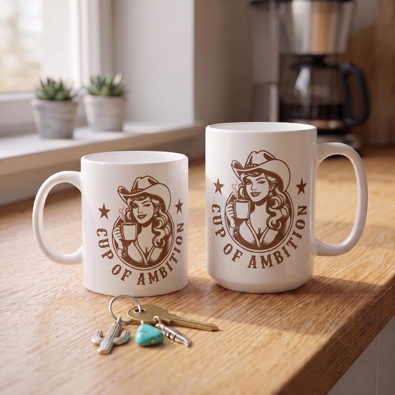 Puede incluir: Dos tazas de cer&aacute;mica blanca de diferentes tama&ntilde;os, cada una con un gr&aacute;fico marr&oacute;n de una vaquera sosteniendo una taza de caf&eacute; con el texto "CUP OF AMBITION" y estrellas. Un llavero de metal con un cactus, una piedra turquesa y un dije de pluma se encuentra cerca.