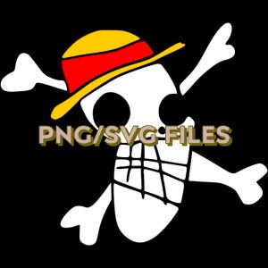 May include: A white skull and crossbones design with a yellow and red straw hat, set against a black background. The text "PNG/SVG FILES" is displayed in a tan color below the skull.