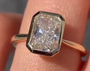 3CT Radiant-Cut Moissanite Diamond Engagement Ring – Sleek & Modern 14K Solid White Gold Design,  Bezel Set Ring