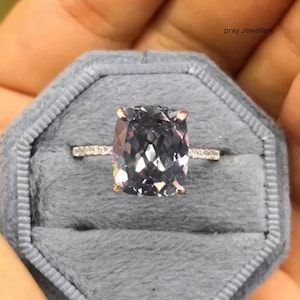 3 Ct Grey Cushion Cut Moissanite Engagement Ring: 14K Gold Diamond Band