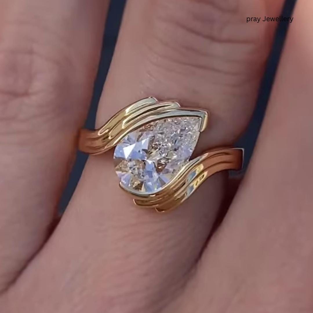 3 Ct Pear Cut Moissanite Bypass Engagement Ring, Sculptural Wrap Design in Solid Yellow Gold, Modern Teardrop Statement and Bold Bridal Ring