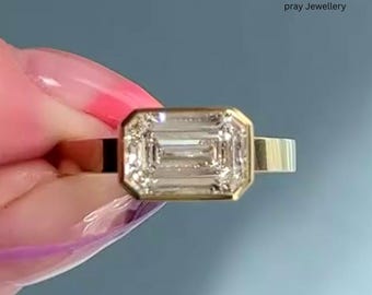 East West Emerald Cut Moissanite Engagement Ring, Bezel Set Solitaire in 14K Yellow Gold, Minimalist Ring, Horizontal Step Cut Bridal Ring