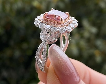 Victorian Barbie Pink Engagement Ring 2 Ct Radiant Lab Diamond Halo Set Crossover Wedding Ring For Bridal Ring For Anniversary Gifts For Her