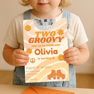Two Groovy Birthday Invitation: 70s Retro Roller Skate Party (Editable Canva Template)