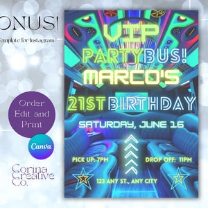 Neon Party Bus 21st Birthday Invitation: Editable Limo Theme (Digital Download)