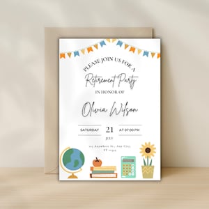 Invito per la festa di pensionamento dell'insegnante / Modello modificabile / Tema scolastico divertente / Download digitale stampabile / Addio insegnante / Modello Canva