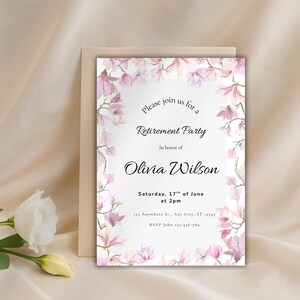 Invitation florale de fête de départ en retraite | Modèle modifiable |  Fleurs roses aquarelles | Invitation numérique imprimable | Faire-part de fleurs aquarelles