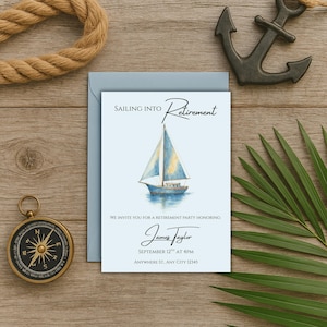 Nautical Retirement Party Invitation: Watercolor Sailboat, Editable Canva Template (5x7, Digital Download