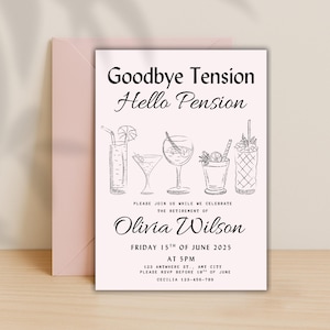 Editable Template | Pink and Black Cocktail Retirement Invitation for Her | Fun and Elegant Goodbye Party Invite | 5x7 Printable Card Design