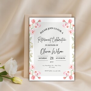Invitation florale de fête de départ en retraite | Modèle modifiable | Fleurs roses aquarelles |  Invitation numérique imprimable | Invitation retraite fleurs sauvages