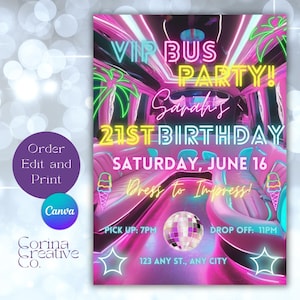Può includere: Un vivace invito rosa e verde neon per una festa in autobus VIP. Il design presenta il testo "VIP BUS PARTY!" e "21st Birthday di Sarah" con i dettagli dell'evento. Include una palla da discoteca e grafiche di coni gelato.
