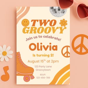 Two Groovy Birthday Invitation: 70s Retro Roller Skate Party (Editable Canva Template)