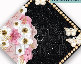 Butterfly Grad Cap Topper: Pink & Gold Floral Design (Digital Download)