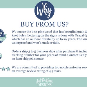 May include: A graphic with the text "Why Buy From Us?" and details about the quality of the wood and vinyl used in the signs. The graphic also includes a 100% premium quality badge, a delivery truck icon, and a 5-star rating.
