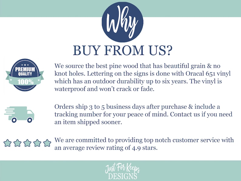 May include: A graphic with the text "Why Buy From Us?" and details about the quality of the wood and vinyl used in the signs. The graphic also includes a 100% premium quality badge, a delivery truck icon, and a 5-star rating.