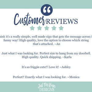 May include: A light blue background with the text "66 Customer REVIEWS" in dark blue. Five white stars are below the text. Four customer reviews are displayed in dark blue text. The text "Just For Keeps DESIGNS" is at the bottom of the image.