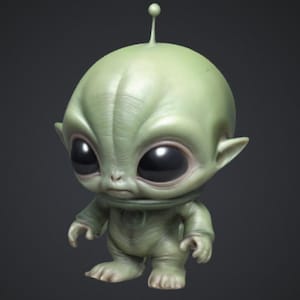 Peut inclure: Une petite figurine d'extraterrestre verte avec de grands yeux et une tête pointue. L'extraterrestre porte une combinaison verte et a une petite antenne sur la tête.