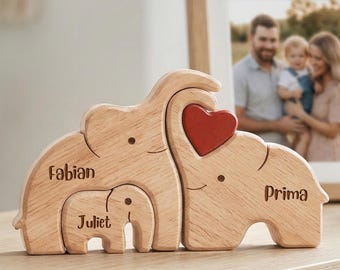 Wooden Elephant Family Puzzle, Personalized Elephant Figurine, Mothers Day Gift for Mom, Family Name Keepsake Home Decor