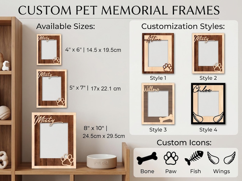 May include: Custom pet memorial frames in various sizes including 4x6, 5x7, and 8x10 inches. The wooden frames feature personalized names and icons like paw prints, bones, fish, or wings. Four distinct customization styles are displayed.