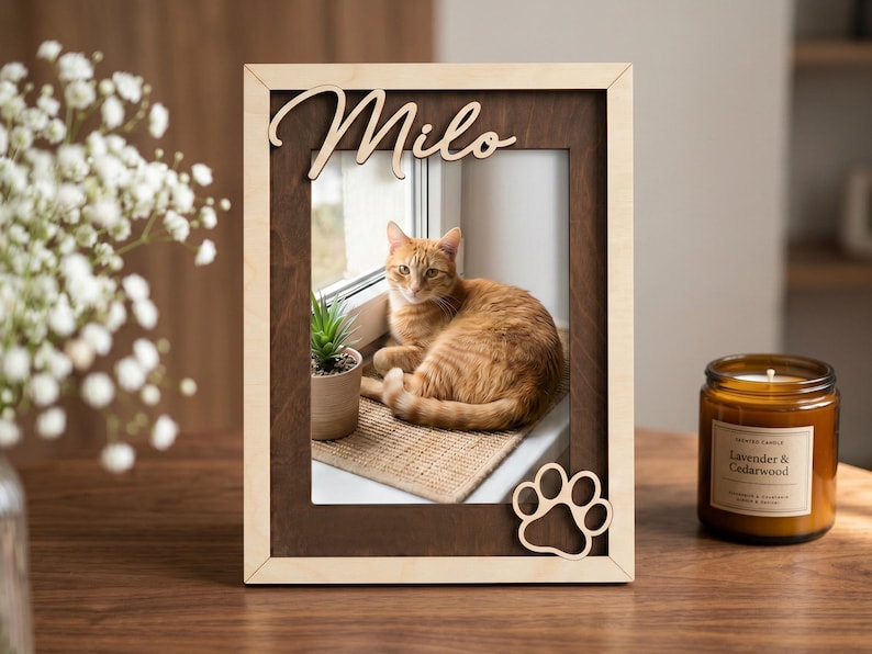 May include: A rectangular wooden picture frame with a light wood outer border and a dark wood inner frame. The top features the name Milo in script, and the bottom right corner has a cutout paw print. The frame holds a photo of an orange cat.