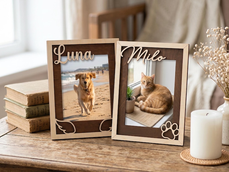May include: Two rectangular wooden picture frames with light and dark wood tones. The left frame features the name Luna and wing cutouts, holding a photo of a dog. The right frame features the name Milo and a paw print cutout, holding a photo of a cat.